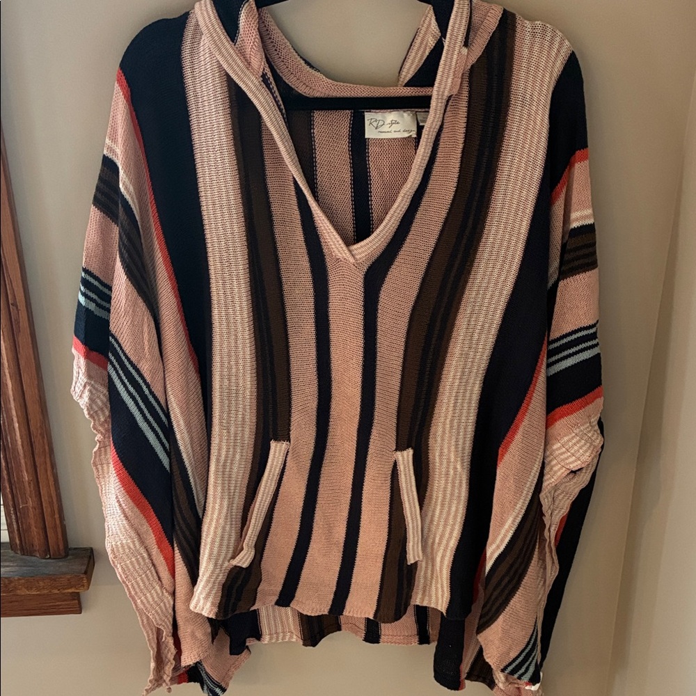 RD Style Multicolor Striped V-Neck Hooded Poncho